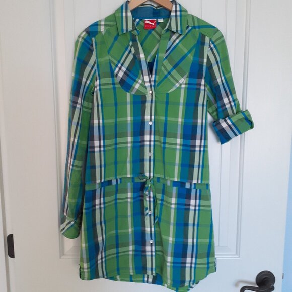 Puma Plaid Shirt Dress w/Roll Tab Sleeves Green Size S - Picture 10 of 14